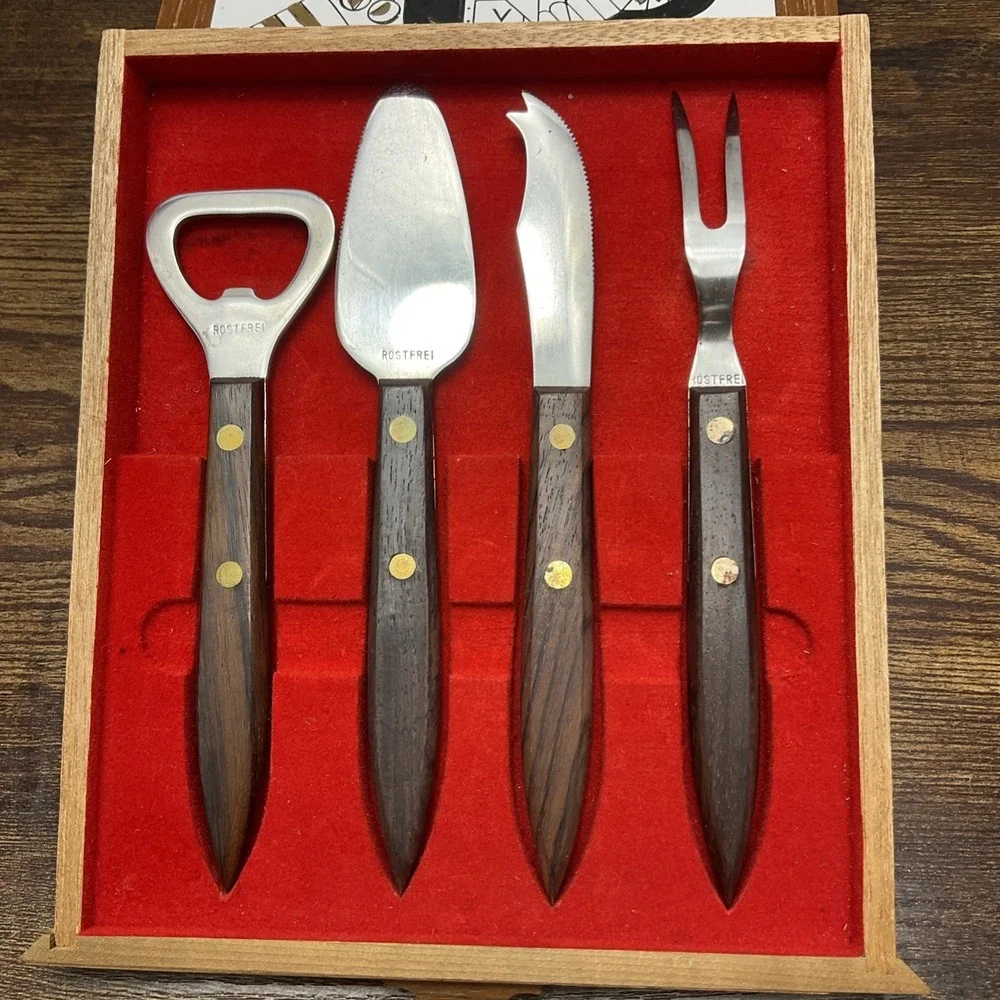 Mid Century Wooden Bar Ware‎ Utensil & Trivet Set in the style of Georges Briard